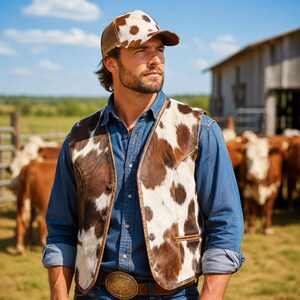 Handmade Cowhide Hair-On-Hide Leather Vest and baseball cap set Real Cow Skin Western Vest