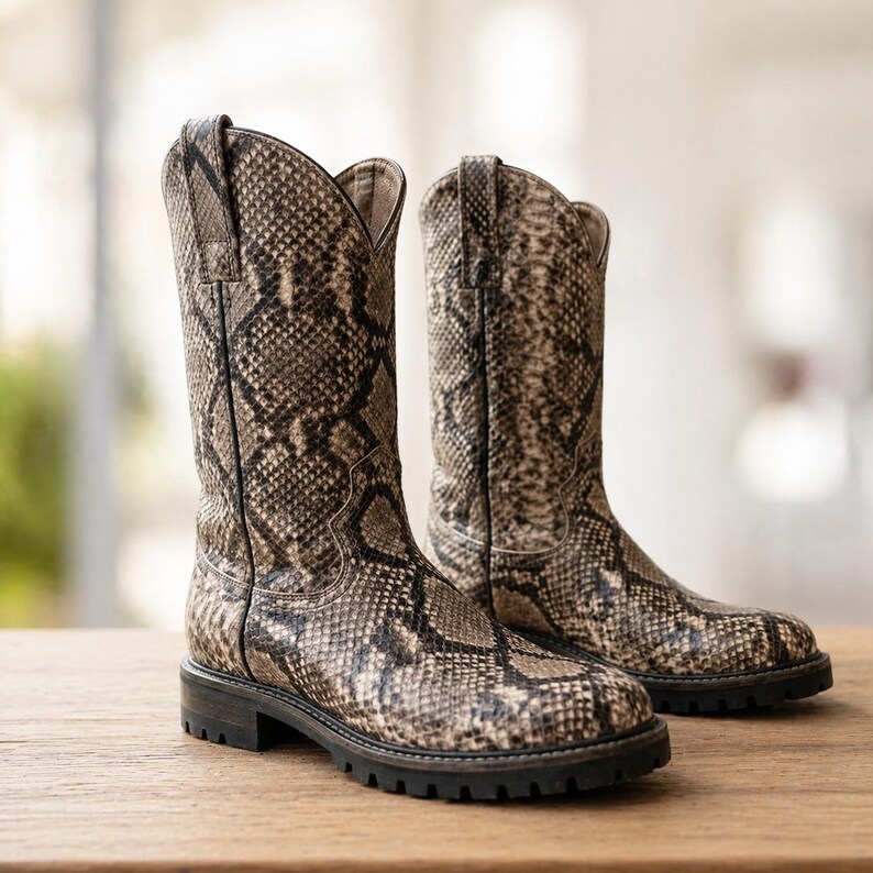 Op de afbeelding: Cowboylaarzen met een slangenprint in bruin- en beigetinten. De laarzen hebben een hoge schacht, een ronde neus en een zwarte profielzool. Ze zijn gemaakt van een textuurrijk materiaal en worden gepresenteerd op een houten oppervlak.