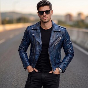 Chaqueta de piel de pitón para hombre / Chaqueta de motociclista de piel de serpiente / Ropa urbana de lujo