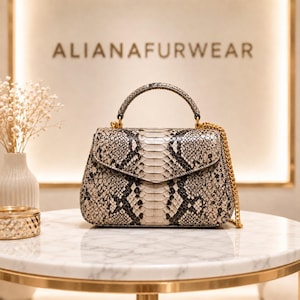 May include: A snakeskin-patterned handbag with a top handle and gold chain strap. The bag features a flap closure and gold hardware. The brand name, ALIANAFURWEAR, is displayed in the background. The bag is on a marble table.