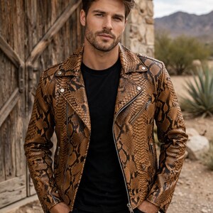Handmade Python Snakeskin Bomber Jacket - Leather Moto Biker Jacket Lederjacken