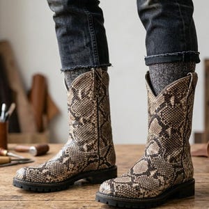 Op de afbeelding: Cowboylaarzen met een slangenprint in bruine en beige tinten. De laarzen hebben een puntige neus, een middelhoge schacht en een zwarte profielzool. Ze worden gedragen met grijze sokken en een donkere spijkerbroek. De laarzen zijn ongeveer 30 cm hoog.