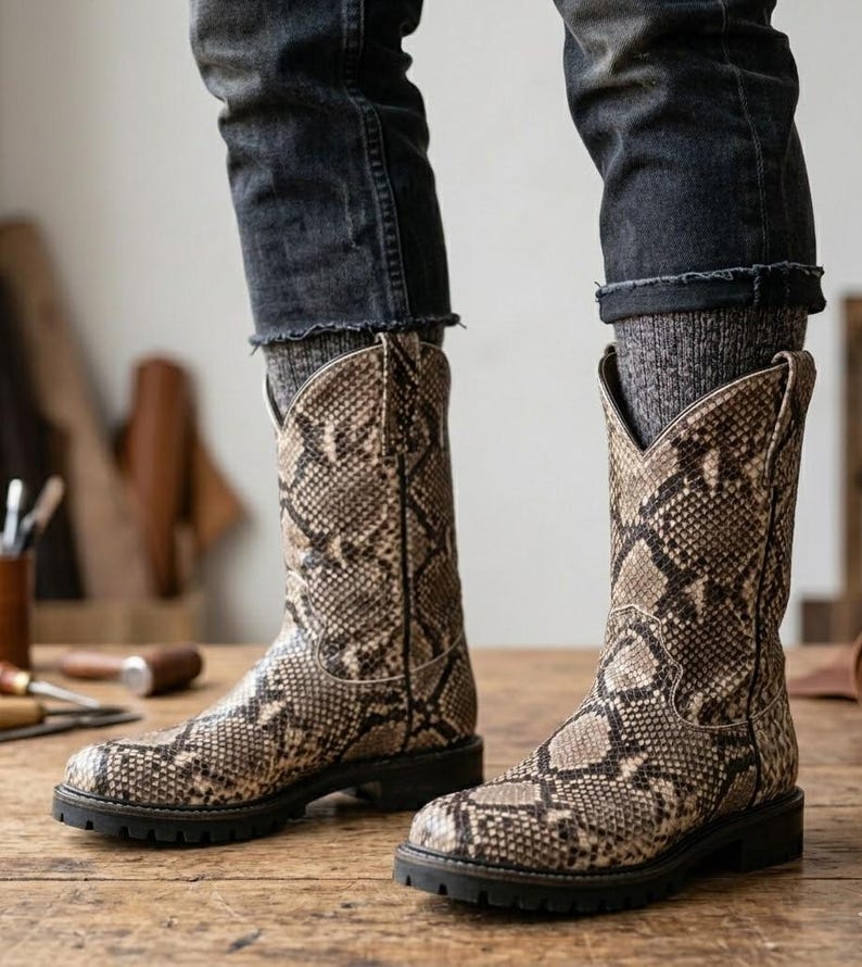 Op de afbeelding: Cowboylaarzen met een slangenprint in bruine en beige tinten. De laarzen hebben een puntige neus, een middelhoge schacht en een zwarte profielzool. Ze worden gedragen met grijze sokken en een donkere spijkerbroek. De laarzen zijn ongeveer 30 cm hoog.