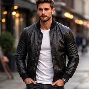 Veste en cuir d'autruche faite main pour homme - Vêtements d'extérieur exotiques de luxe