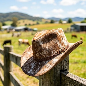 Könnte beinhalten: Ein braun-weißer Cowboyhut aus Kuhfell mit Lederband und Schnalle sitzt auf einem hölzernen Zaunpfosten. Der Hut hat eine breite Krempe und ein geflochtenes Lederband. Der Hintergrund zeigt eine grüne Wiese und einen blauen Himmel.