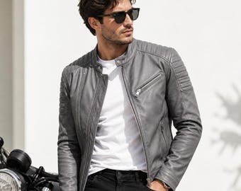 Echt leren bikerjack heren – slim fit, klassiek grijs