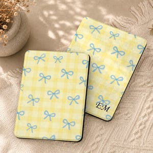 Monogram Custom Aesthetic Yellow Gingham Ribbon Bow Kindle Case, Vintage Cute Bow Ereader Cover, Fits Kindle Basic 11/12, Paperwhite