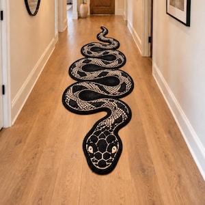 Hand Tufted Snake Shaped Rug, Black Beige Serpent Runner, Wool Blend Animal Rug, Unique Statement Carpet for Living Room, Bedroom Stairs 4x8