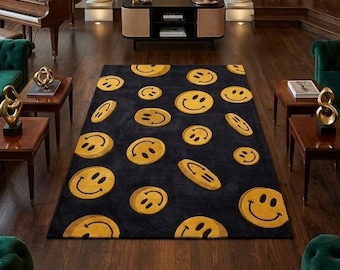 Black Yellow Smiley Face Tufted Rug Fun Modern Aesthetic Living Room Decor Carpet