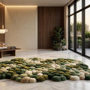 3D Tufted Moss Area Rug Green Pebble Carpet Organic Shape Biophilic Home Decor