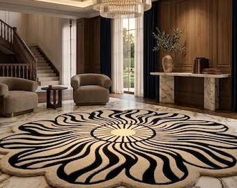 Groovy Wavy Flower Rug Black Cream Tufted Scalloped Round Mid Century Modern Psychedelic