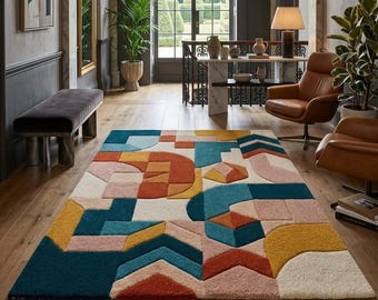Colorful Geometric Tufted Rug Handmade Modern Abstract Area Rug For Living Room Decor