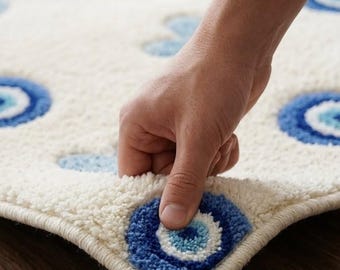 Handmade Tufted Evil Eye and Heart Blue White Wool Area Rug For Luxury Home Decor