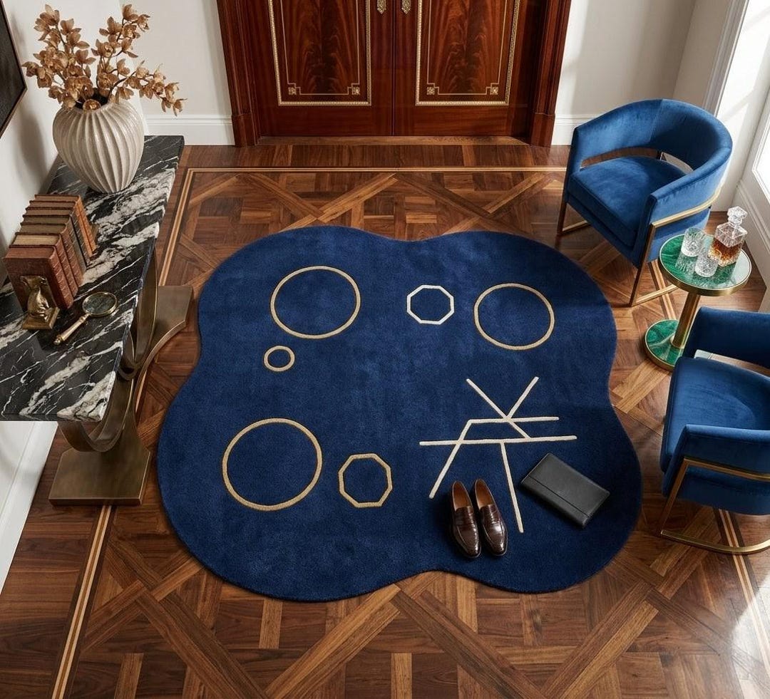 Hand Tufted Navy Blue Irregular Shape Rug With Gold Geometric Pattern ...