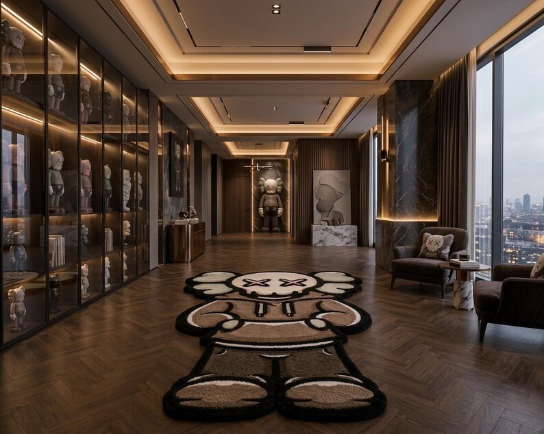 May include: A large, brown, beige, and black area rug shaped like a cartoon character with X-shaped eyes, positioned on a dark wood herringbone floor in a room featuring glass display cabinets filled with figurines and modern furniture.