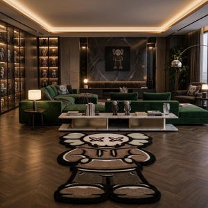 May include: A brown and beige area rug shaped like a cartoon character with X-shaped eyes, positioned on a dark wood floor in a living room. The rug features a hooded figure design with thick black outlines, contrasting with the surrounding furniture.