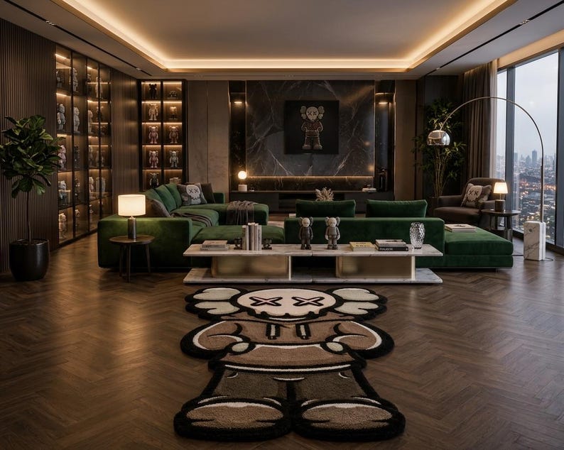 May include: A brown and beige area rug shaped like a cartoon character with X-shaped eyes, positioned on a dark wood floor in a living room. The rug features a hooded figure design with thick black outlines, contrasting with the surrounding furniture.