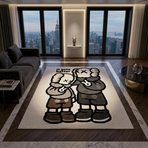 May include: A rectangular area rug featuring a graphic illustration of two cartoon characters with X-shaped eyes, wearing hoodies and shorts, making peace signs. The text "It gets better" is printed in black above the figures on a cream background.