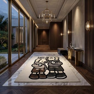 May include: A rectangular area rug featuring a cream-colored background with a large graphic illustration of two cartoon characters in shades of brown, gray, and black. The text "It gets better" is printed in black above the characters.