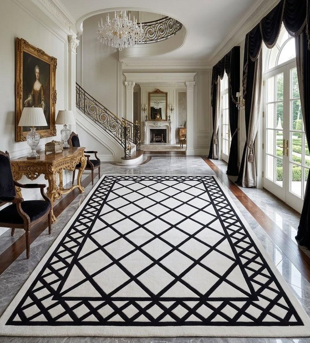 Modern Black White Geometric Lattice Rug Minimalist Area Carpet ...