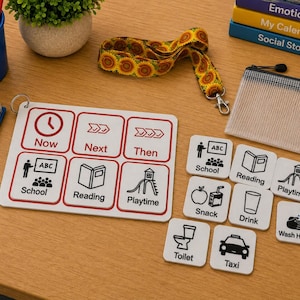 May include: A white visual schedule board with red borders featuring the text Now, Next, and Then, accompanied by six square cards with black icons and text labels for School, Reading, Playtime, Snack, Drink, Wash Hands, Toilet, and Taxi.