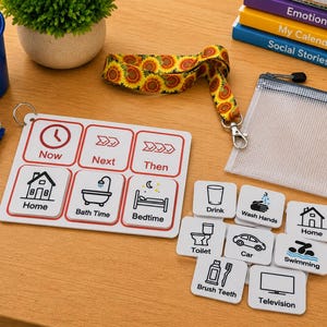 Peut inclure: Un tableau de planning visuel blanc à bordures rouges avec des sections Maintenant, Ensuite et Après, accompagné de divers pictogrammes carrés d'activités comme Maison, Bain, Coucher, Boire, Laver les mains, Toilettes, Voiture, Natation et Télévision.