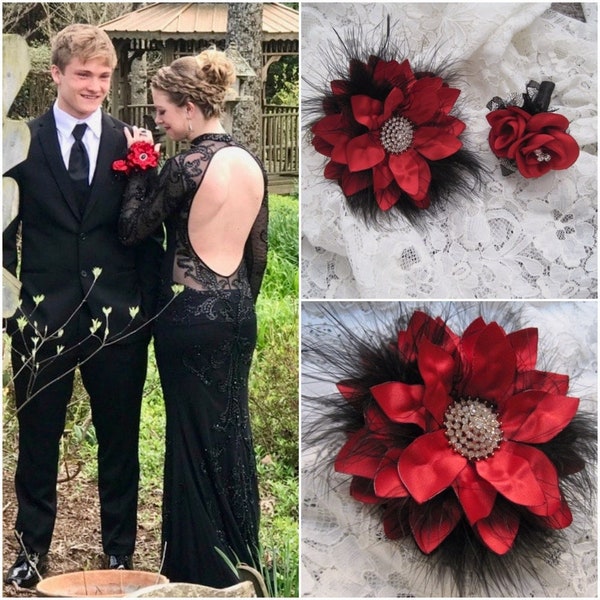 Corsage Red Satin Black Feather Rhinestone Wrist Corsage Boutonniere Set Prom Homecoming Winter Formal Wedding Custom  Christmas New Year