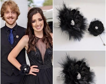 Black Feather Rhinestone Wrist Corsage Set Bridesmaid Mother of the Bride Prom with Rhinestone Accent New Years Eve Custom Order