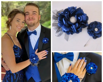 Corsage Bracelet Royal Blue with Black Silver Ribbon Or Your Color Choice Prom Homecoming Winter Formal Wrist Corsages Blue Satin Corsage