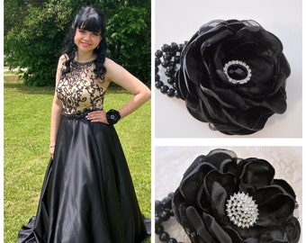 Wrist Corsage Licorice Black Romantic Rose Pearl Bracelet Bridesmaid Mother of the Bride Prom with Rhinestone Accent Custom Order