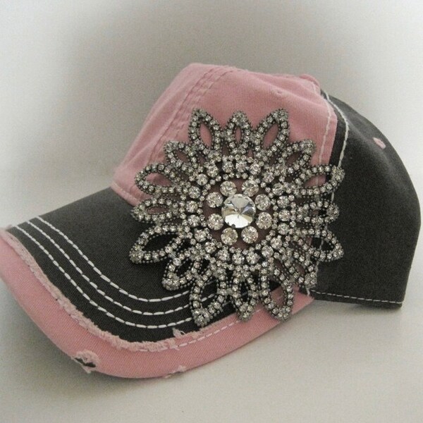 Two Tone Pink and Grey Trucker Baseball Cap Hat with Gorgeous All Rhinestone Flower Accent Hats Accessories Baseball Caps Two Tone Truckers