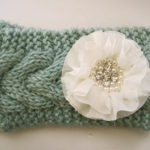 Mint Green Cable Knit Ear Warmer Headband Head Wrap Winter Hats Accessories with Ivory Chiffon Flower with Pearl and Rhinestone Accent image 5