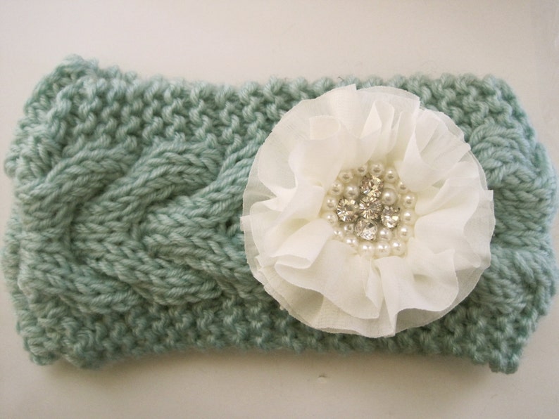 Mint Green Cable Knit Ear Warmer Headband Head Wrap Winter Hats Accessories with Ivory Chiffon Flower with Pearl and Rhinestone Accent image 5