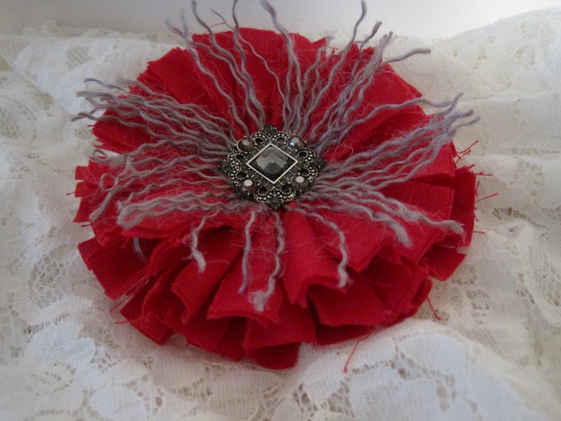 Brooch Shabby Chic Brooch Red Gray Jacket Brooch BoHo Bling Brooch Accessorie Flower Brooch Pin Flower Brooch Pins Dress Pins Shabby Brooch image 1