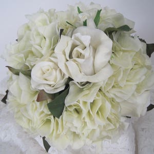 Bridal Bouquet Ivory Cream Roses and Hydrangea French Knotted with Gorgeous Rhinestone Brooch on Front of Handle Prom Bouquet..Ready to Ship