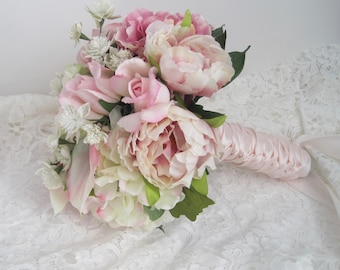 Bridal Bouquet Quinceanera Bouquet French Knotted Shades of Pink with Blush Pink Satin Ribbon on Handle Ready to Ship Wedding Bouquets Prom