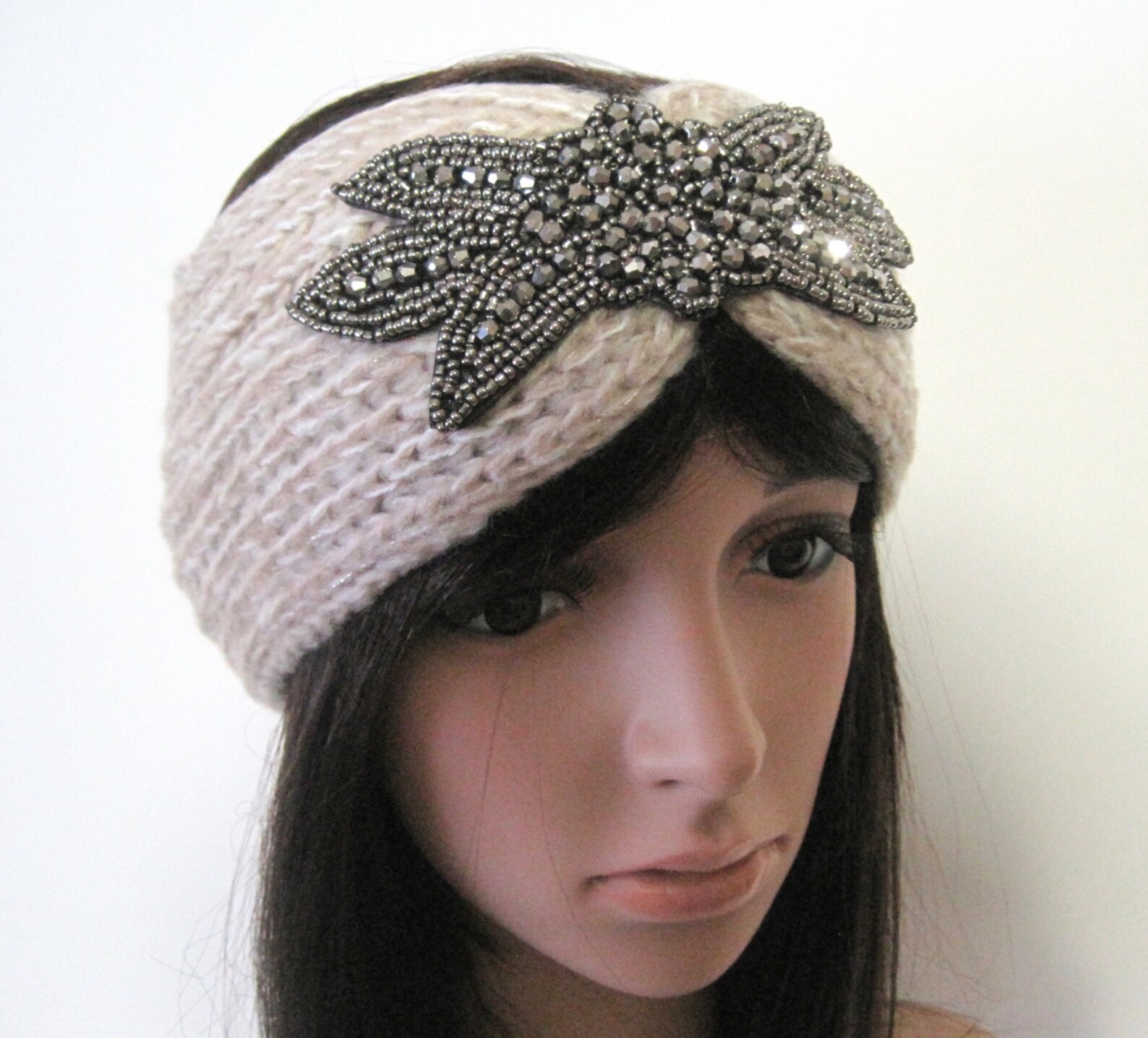 Tan Knit Ear Warmer Headband Head Wrap With Beautiful Beaded | Etsy
