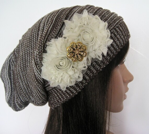 Knit Slouch Beanie: Brown & Cream Winter Hat With Ivory  display picture 3