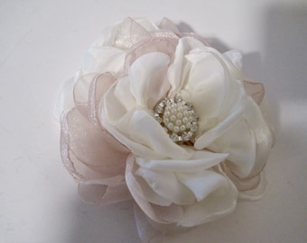 Champagne Ivory Bridal Flower Hair Clip or Brooch Pin: Pearl Rhinestone Accent