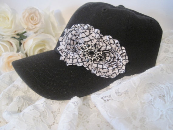 Girls Black Baseball Cap: Shabby Chic Flower Accent  display picture 3