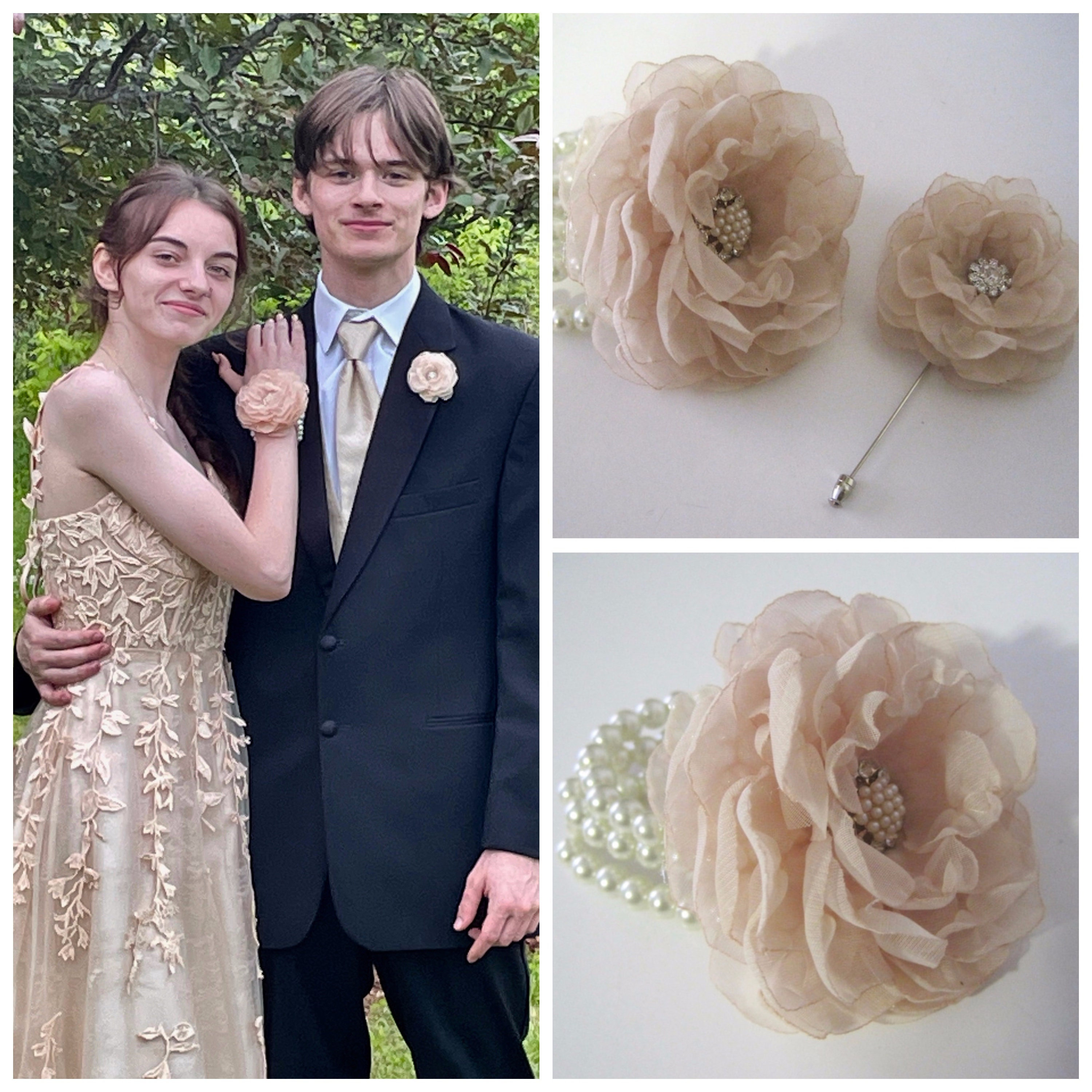 what color corsage for champagne dress Black & Gold Prom Corsage