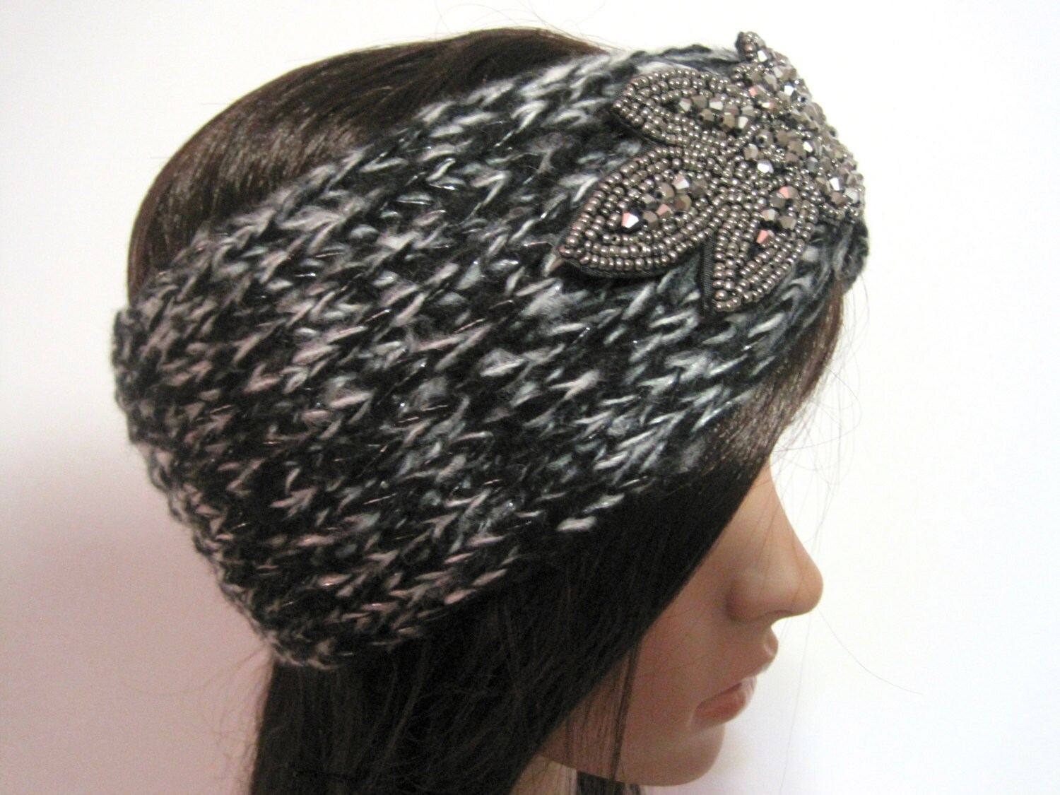 L.I.B. New York Black Chenille Soft Knit Beaded Headband Ear Warmer Head Wrap Handknit Black Bear Chunky Chenille Knit Earmuffs Ear Warmer  main image 2