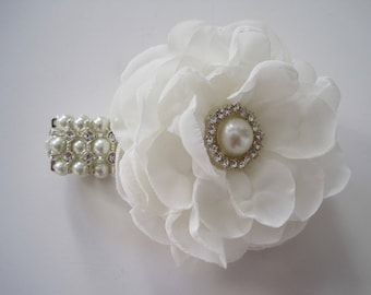 Wrist Corsage Ivory Chiffon Flower with New Style Pearl and Rhinestone Bracelet Bride Bridesmaid Mother of the Bride Prom  CUSTOM ORDER