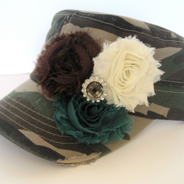 Cadet Military Distressed Hat in Green Camouflage with Three Chiffon Shabby Frayed Fabric Flowers and Rhinestone Accent Duck Dynasty