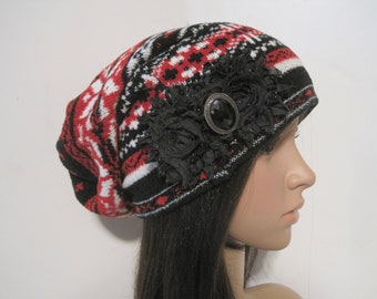 Recycled Sweater Slouch Beanie Black Red White with Chiffon Flowers Choose Color of Flower Winter Hats Accessories Beanies
