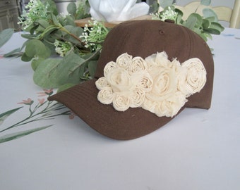 Trucker Hat Brown Ivory Chiffon Flower Baseball Brown Trucker Flower Cap Dads Hat Baseball Caps Bling Trucker Flower Hats Flower Baseball