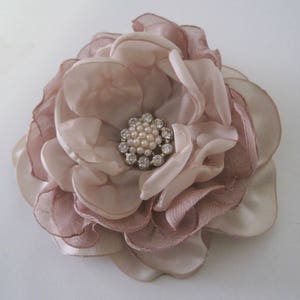 Custom Made to Order Rose Gold Champagne Satin Chiffon Flower Hair Clip Bride Bridesmaid Mother of the Bride Pearl and Rhinestone Accent image 3