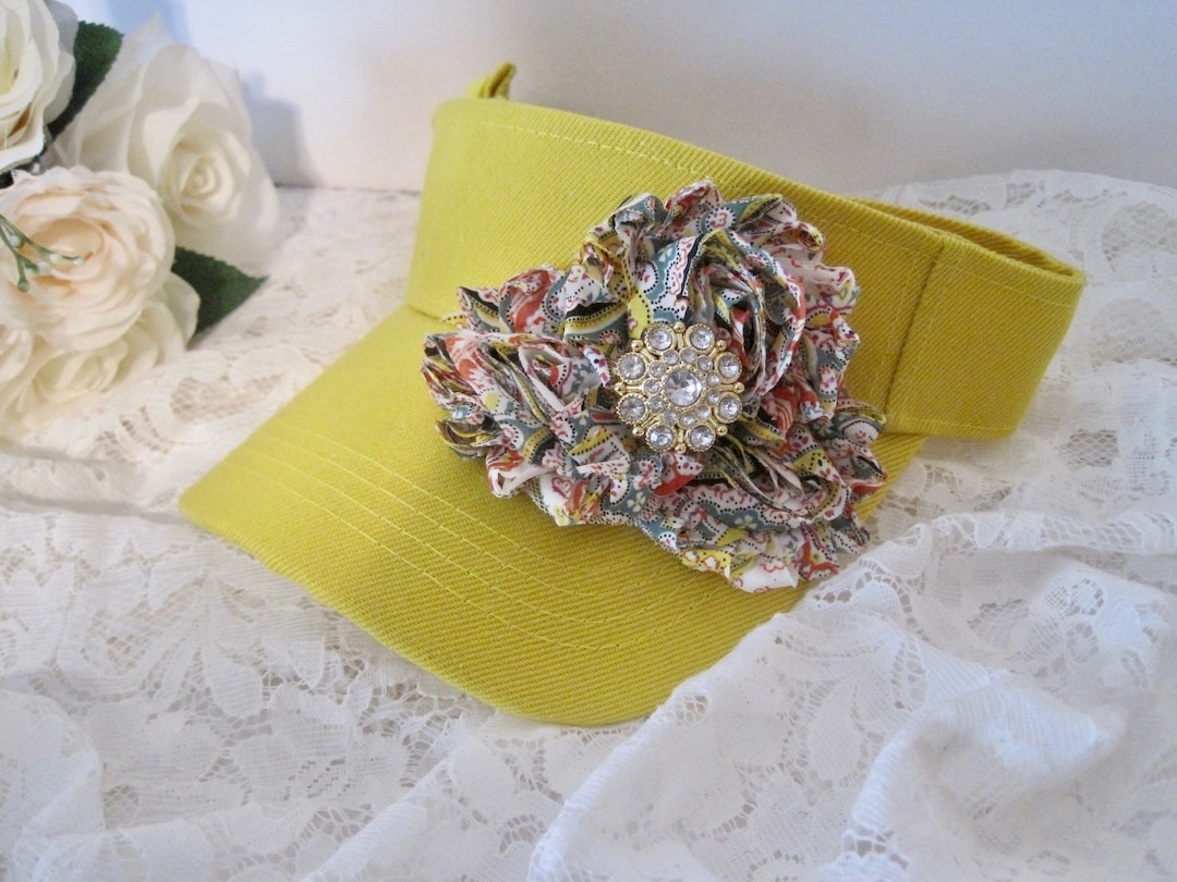 Golf Visor Sun Visor Yellow with Variegated Matching Flowers and a Faux Pearl Accent Hat Golf