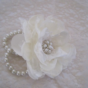 Wrist Corsage Ivory Romantic Rose Pearl Cuff Bracelet Bride Bridesmaid ...