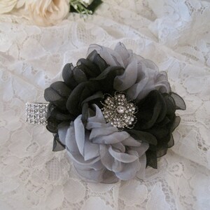 Charcoal Grey and LIght Gray Chiffon Flower Corsage with Rhinestone Bracelet Custom Order Prom Homecoming Wedding Special Occasions